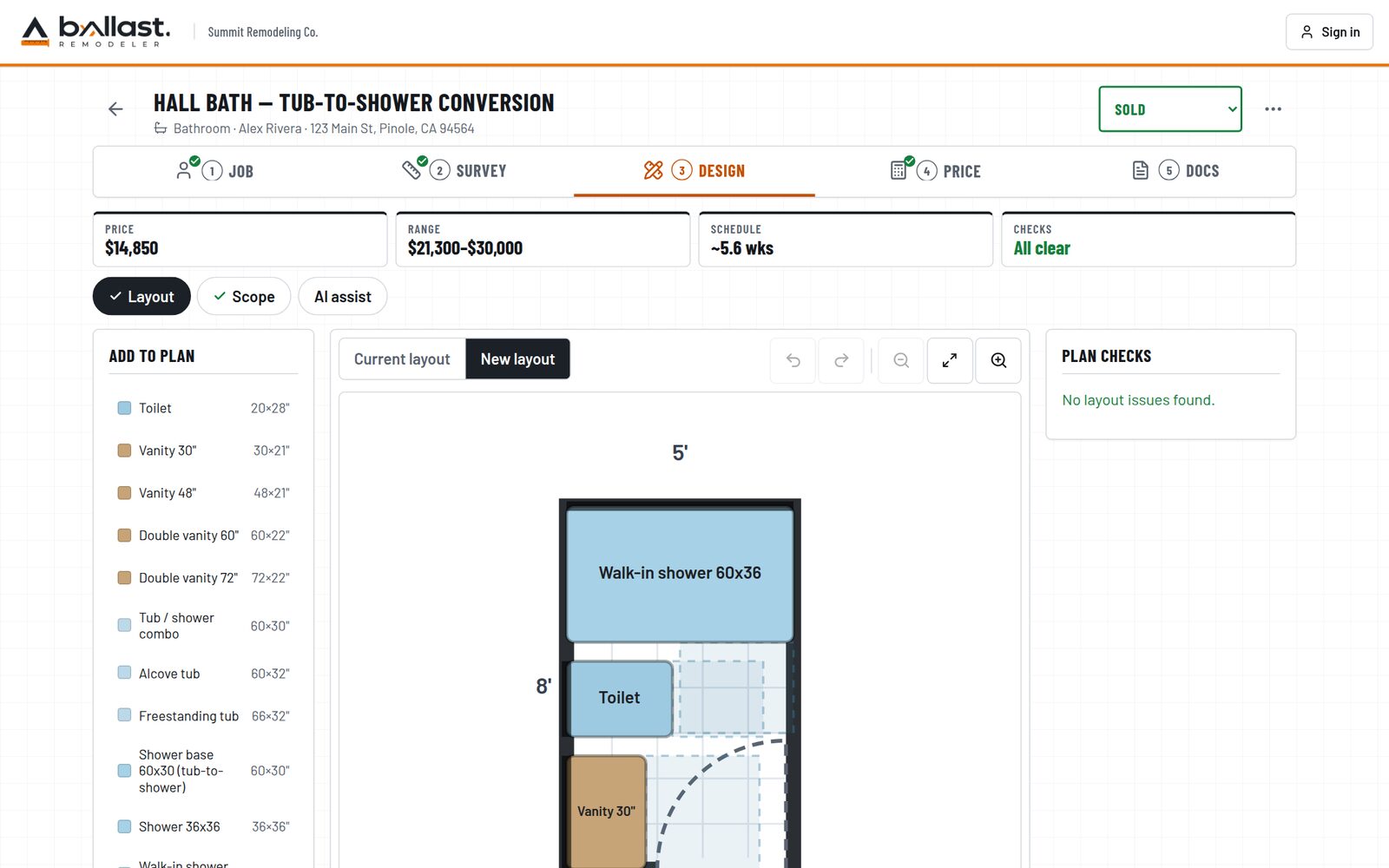 Remodel Planner drawing tool for a tub-to-shower conversion, with price, schedule and plan checks