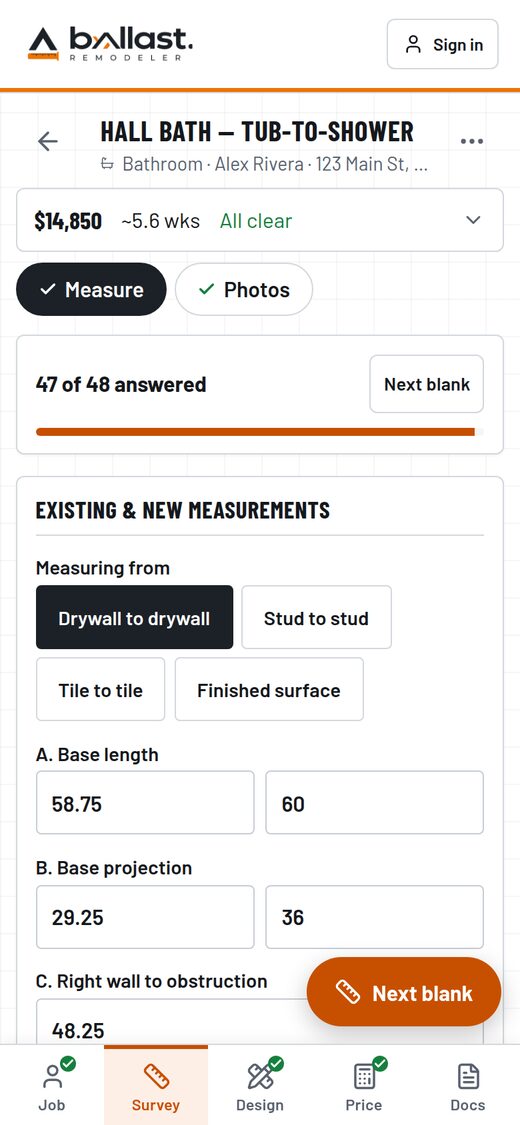 Phone survey screen with guided measurements