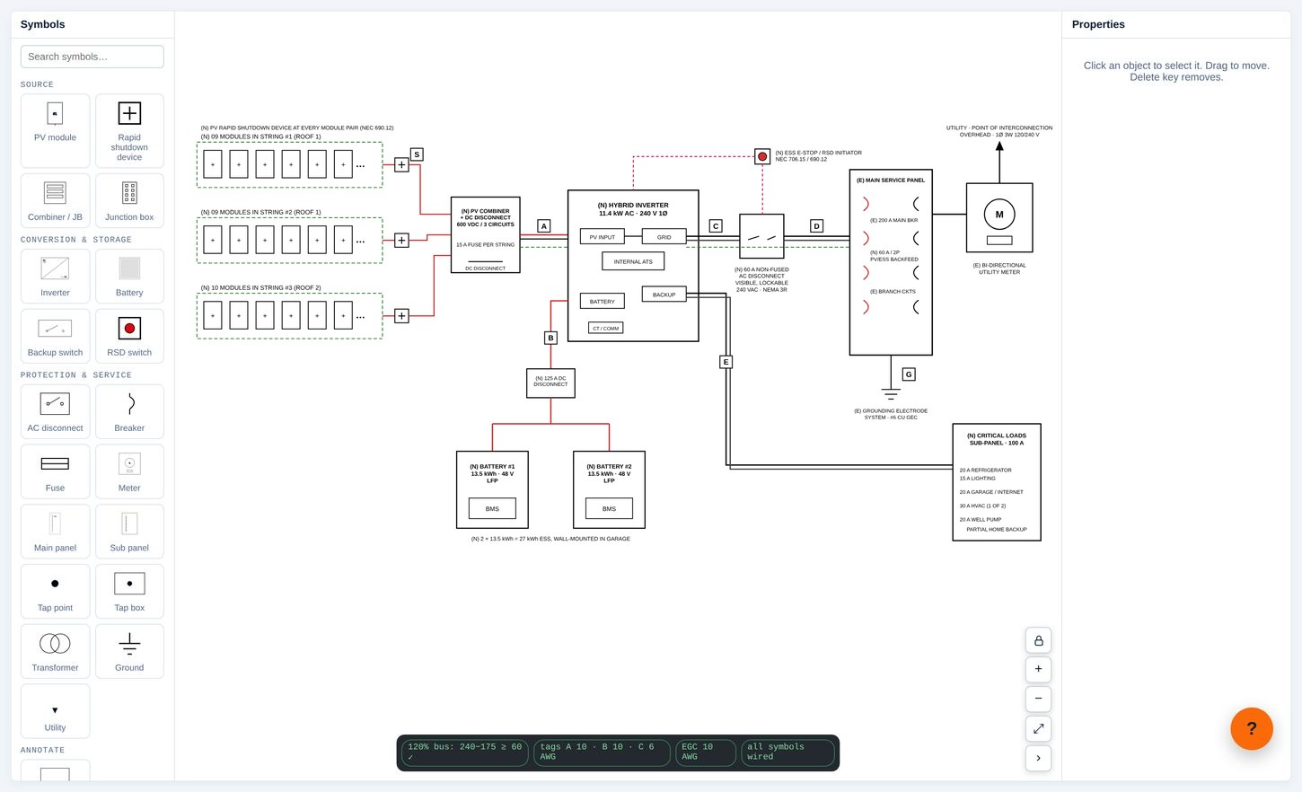 Ballast Solar line diagram editor with a hybrid inverter, two batteries and a main service panel